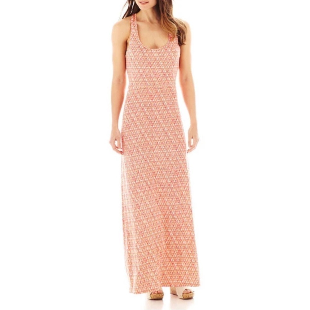 A.n.a. Womens Size XL Sleeveless Print Maxi Dress Playful Peach Scoop Neck Twist